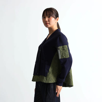 バックアイレットレース切替 袖ポケット付 スウェットカーディガン