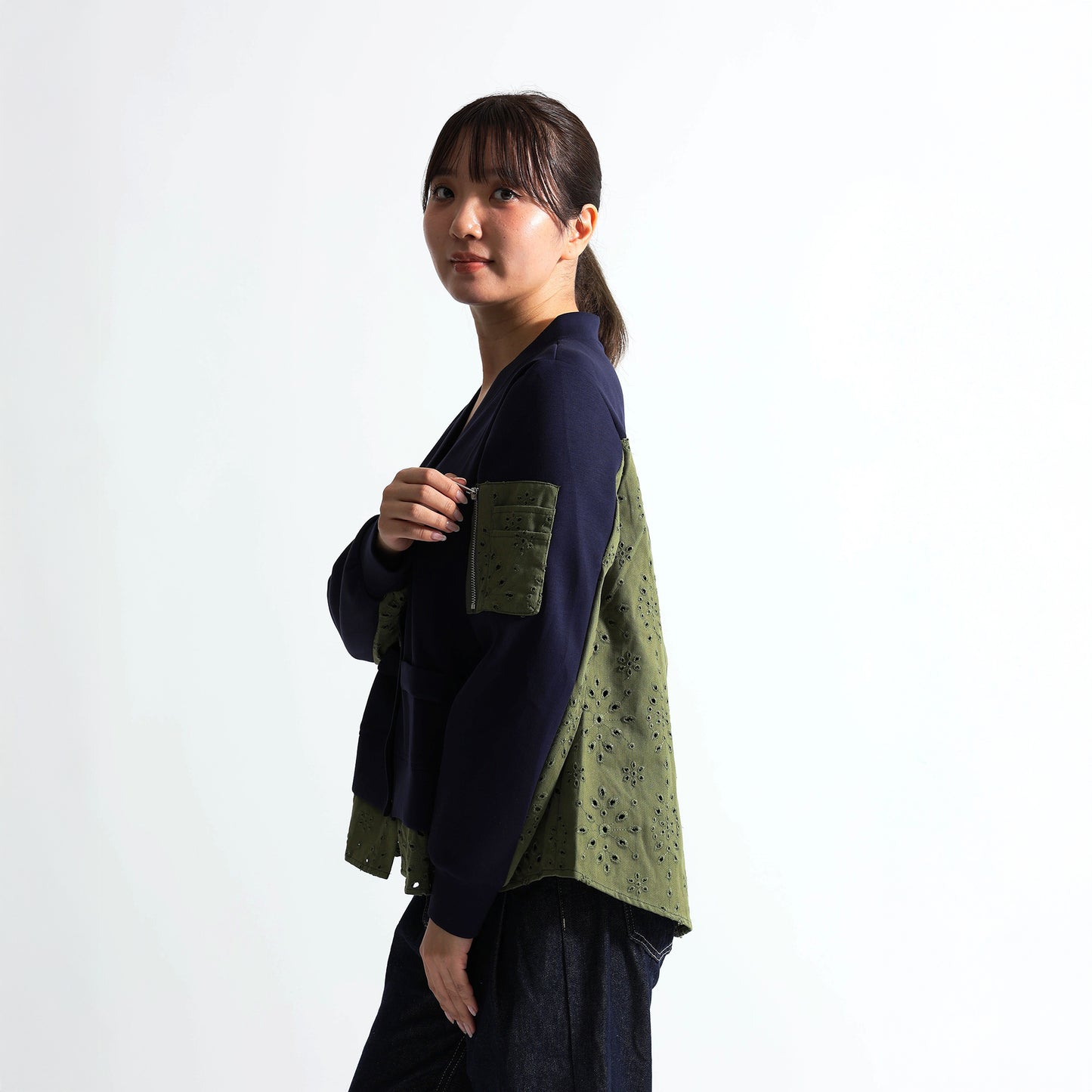 バックアイレットレース切替 袖ポケット付 スウェットカーディガン