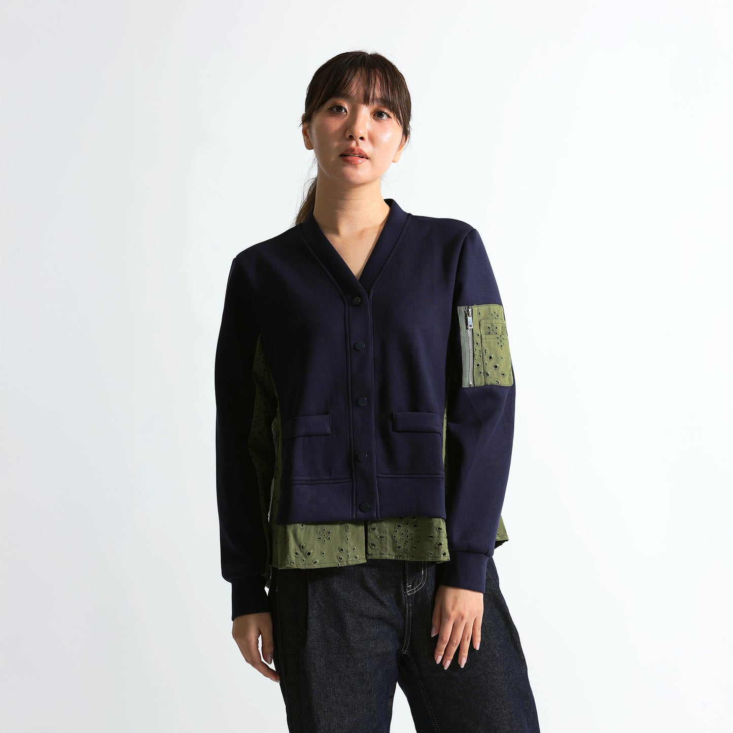 バックアイレットレース切替 袖ポケット付 スウェットカーディガン