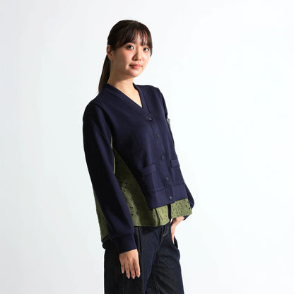 バックアイレットレース切替 袖ポケット付 スウェットカーディガン