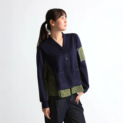 バックアイレットレース切替 袖ポケット付 スウェットカーディガン