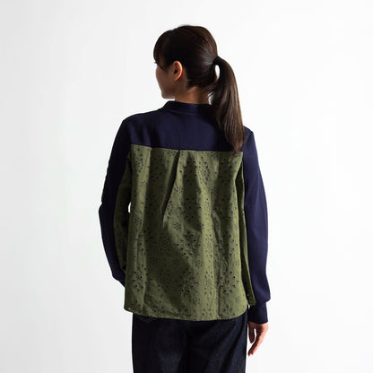 バックアイレットレース切替 袖ポケット付 スウェットカーディガン