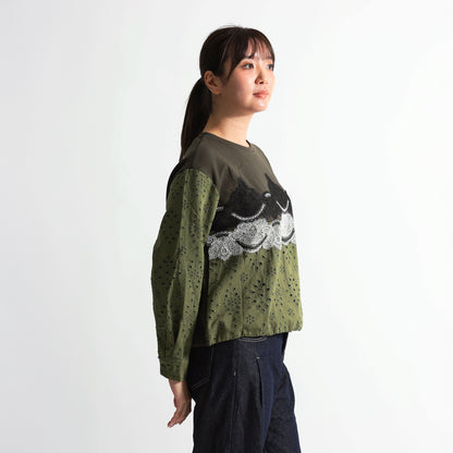 アイレット刺繍切替 波型配色レース 裾ドロストトップス（全3色）