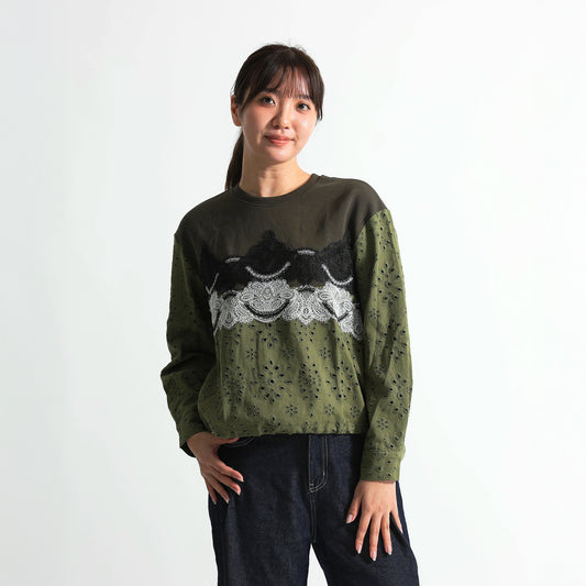アイレット刺繍切替 波型配色レース 裾ドロストトップス（全3色）