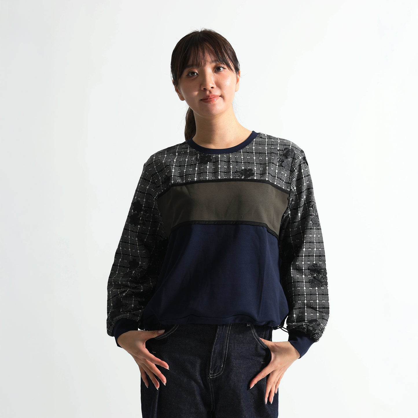 チェック×フラワー切り替えデザイントップス