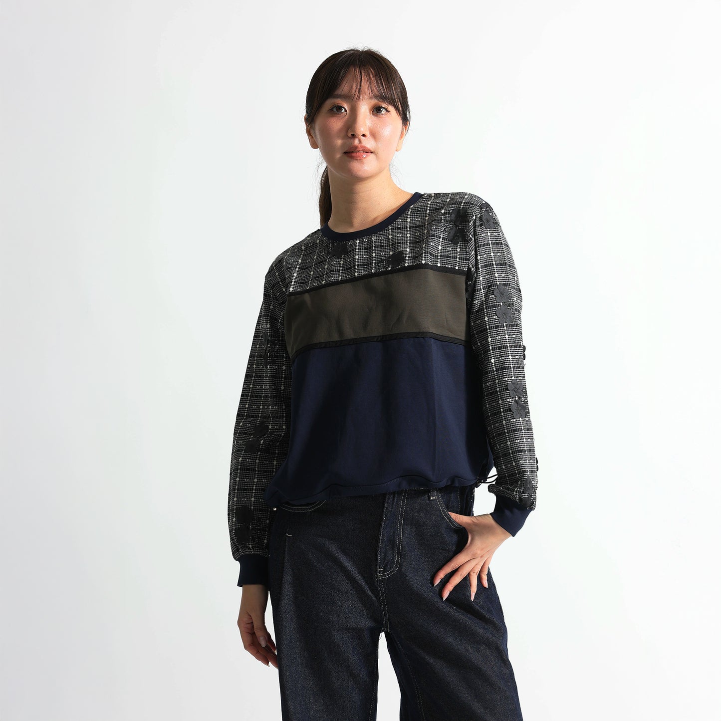 チェック×フラワー切り替えデザイントップス