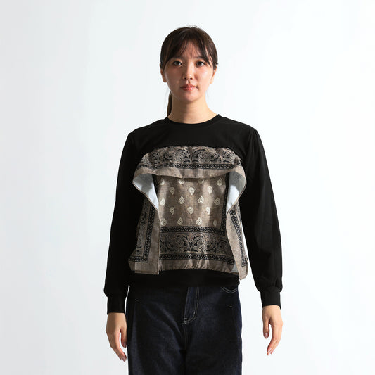 バンダナ柄パネル 異素材ドッキング スウェットトップス