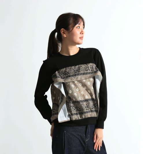 バンダナ柄パネル 異素材ドッキング スウェットトップス