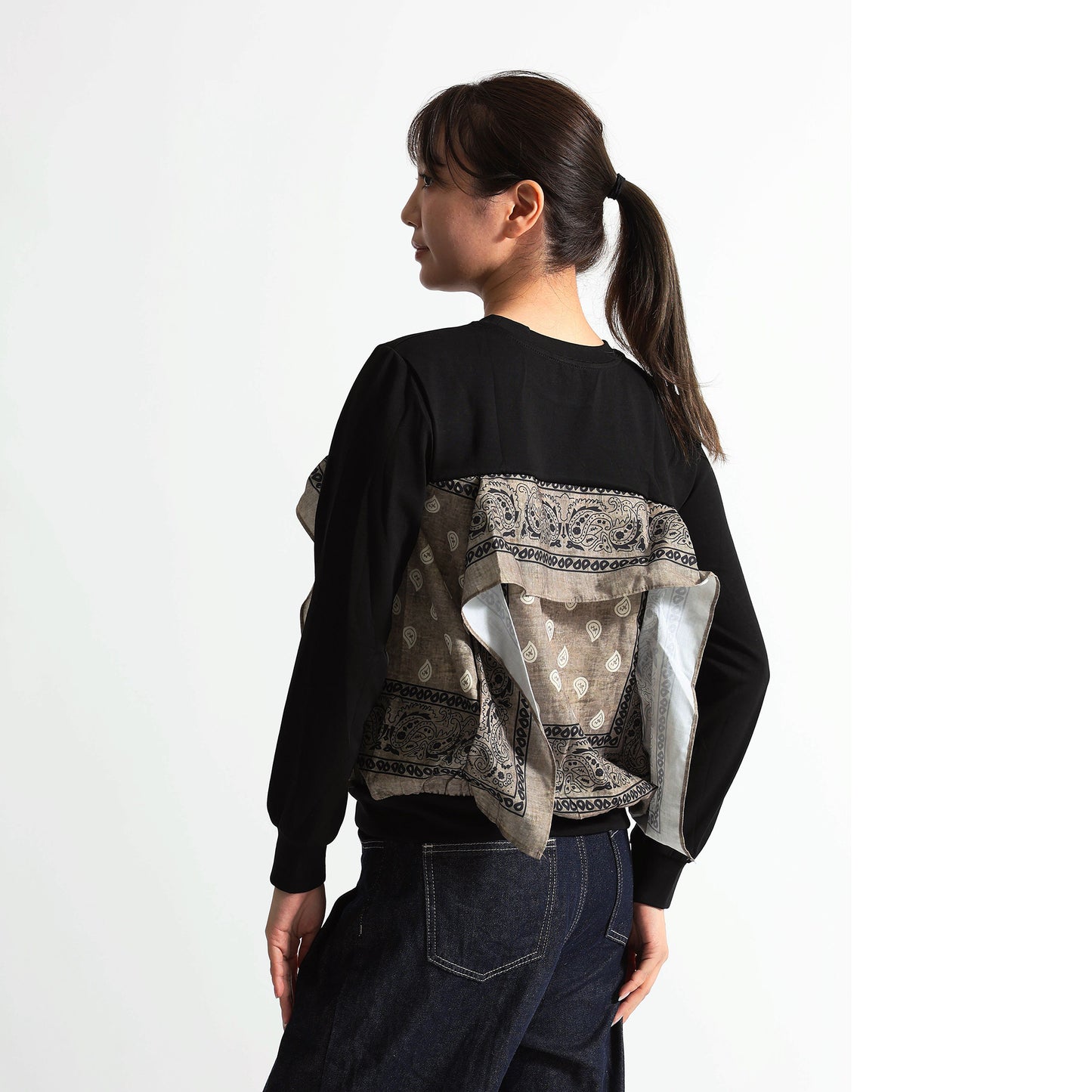 バンダナ柄パネル 異素材ドッキング スウェットトップス