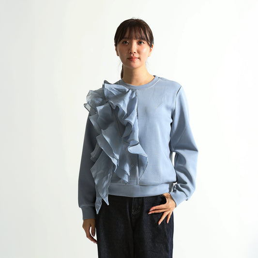 【大人フェミニン】アシンメトリー ラッフルフリル クルーネックスウェット