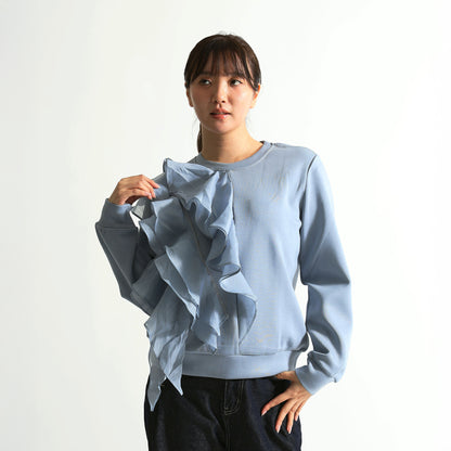 [Adult Feminine] Asymmetrical Ruffled Frill Crew Neck Sweatshirt
