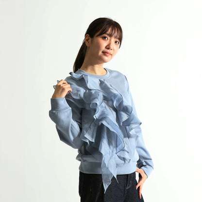 [Adult Feminine] Asymmetrical Ruffled Frill Crew Neck Sweatshirt