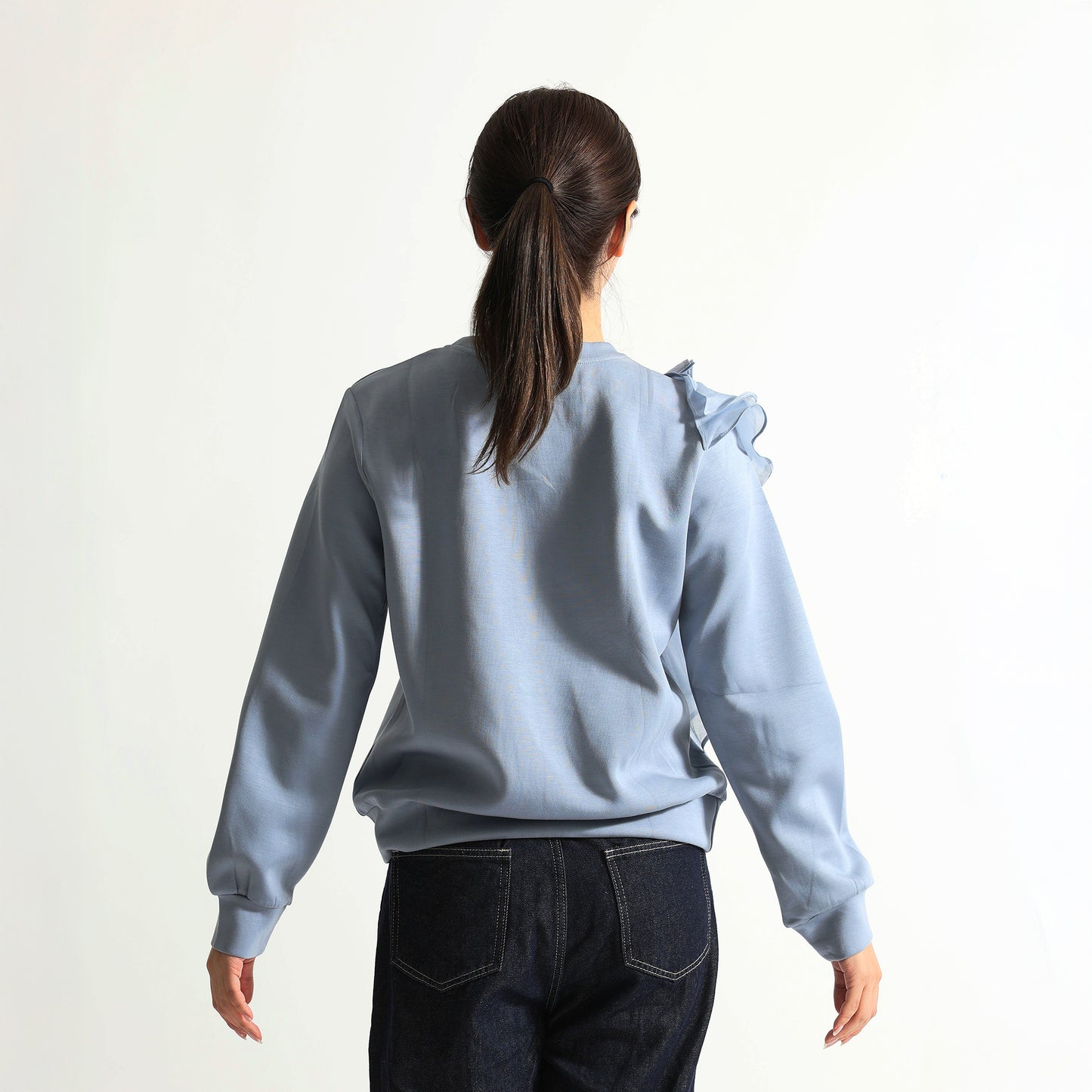 [Adult Feminine] Asymmetrical Ruffled Frill Crew Neck Sweatshirt