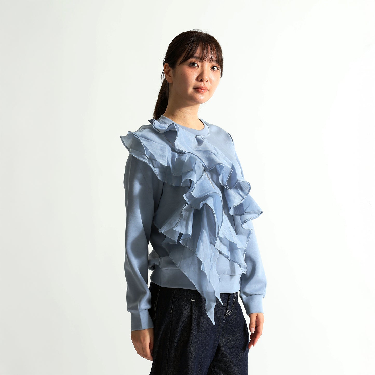 [Adult Feminine] Asymmetrical Ruffled Frill Crew Neck Sweatshirt