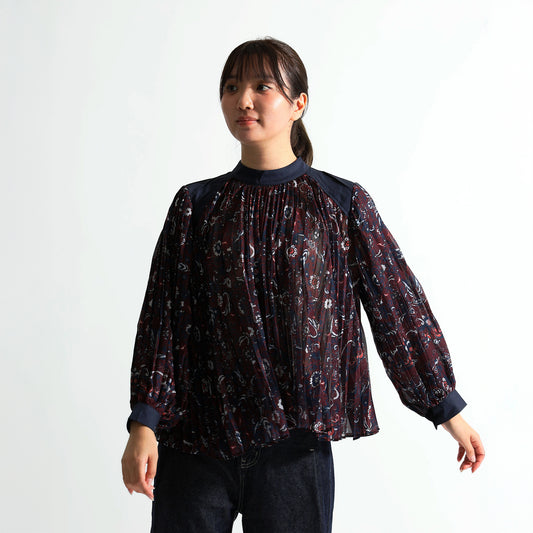 【キャミソールセット】ヴィンテージ柄プリーツ 異素材切替ブラウス