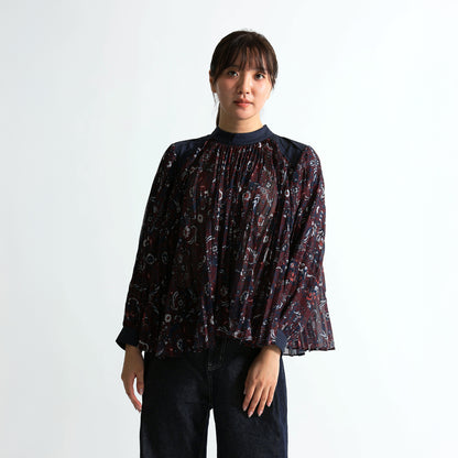 【キャミソールセット】ヴィンテージ柄プリーツ 異素材切替ブラウス