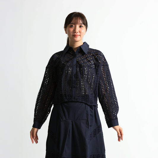 【キャミソールセット】総幾何学カットレース 異素材切替シャツブラウス