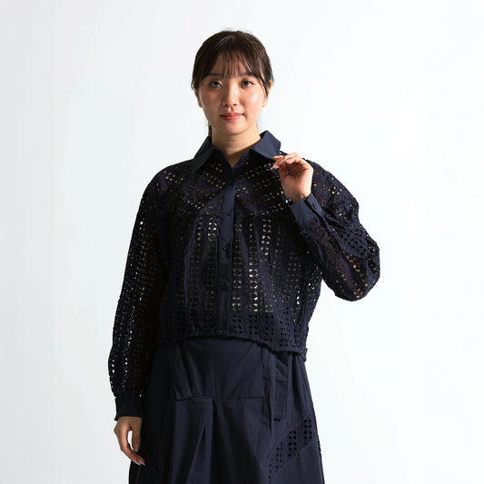 【キャミソールセット】総幾何学カットレース 異素材切替シャツブラウス