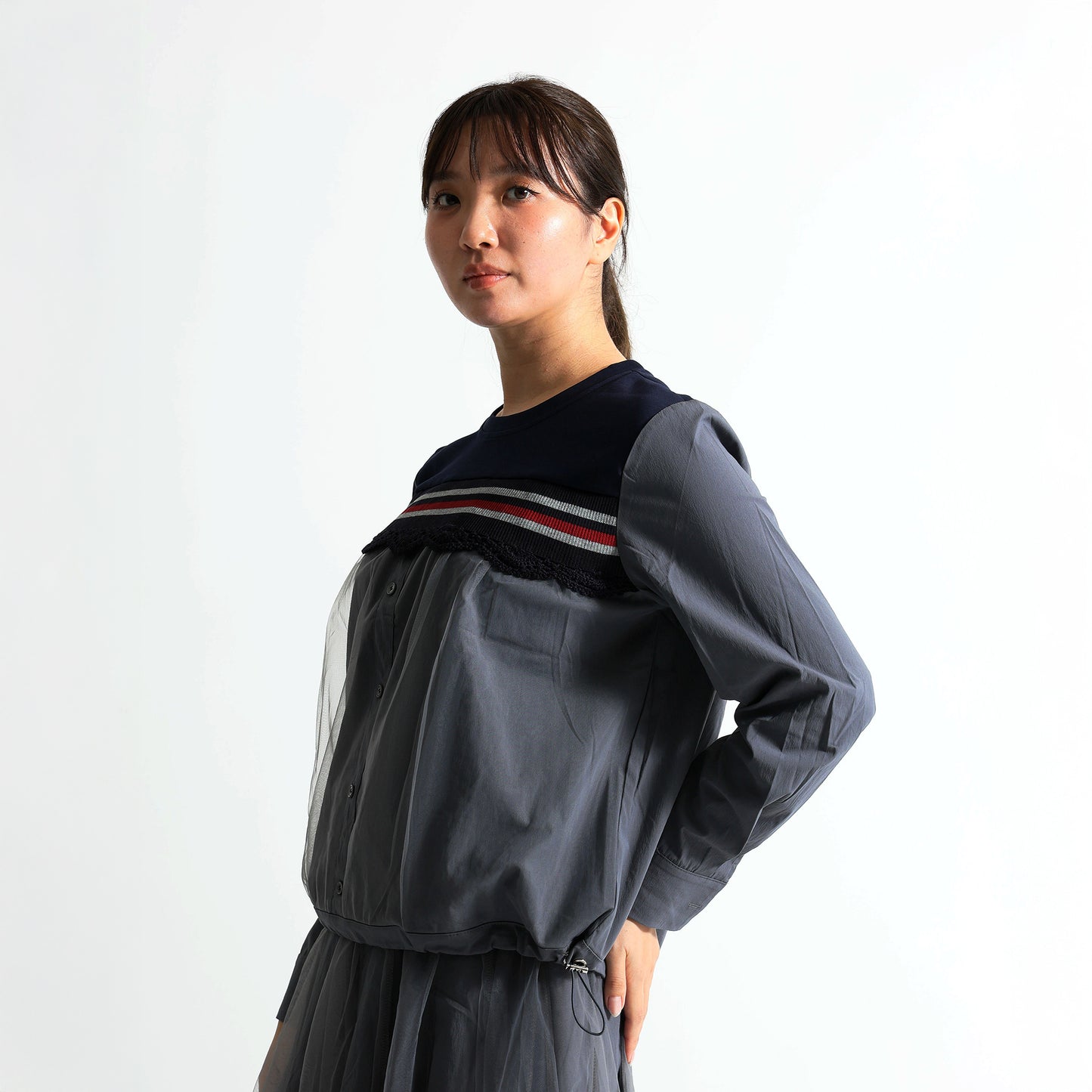 レース切替デザイン 異素材ドッキングトップス（ユニセックス）