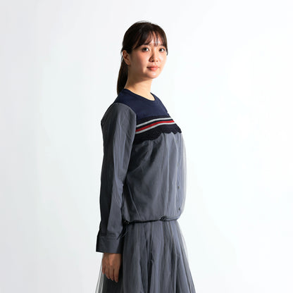 レース切替デザイン 異素材ドッキングトップス（ユニセックス）