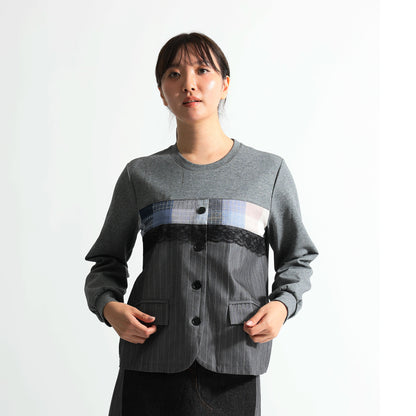 レース×ストライプ 異素材パッチワーク デザイントップス（全3色）