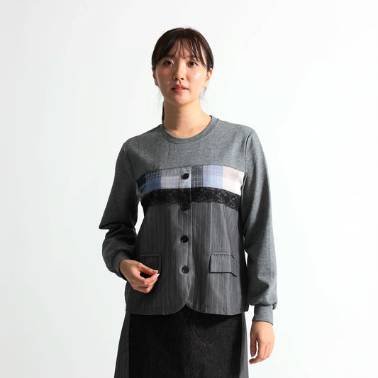 レース×ストライプ 異素材パッチワーク デザイントップス（全3色）