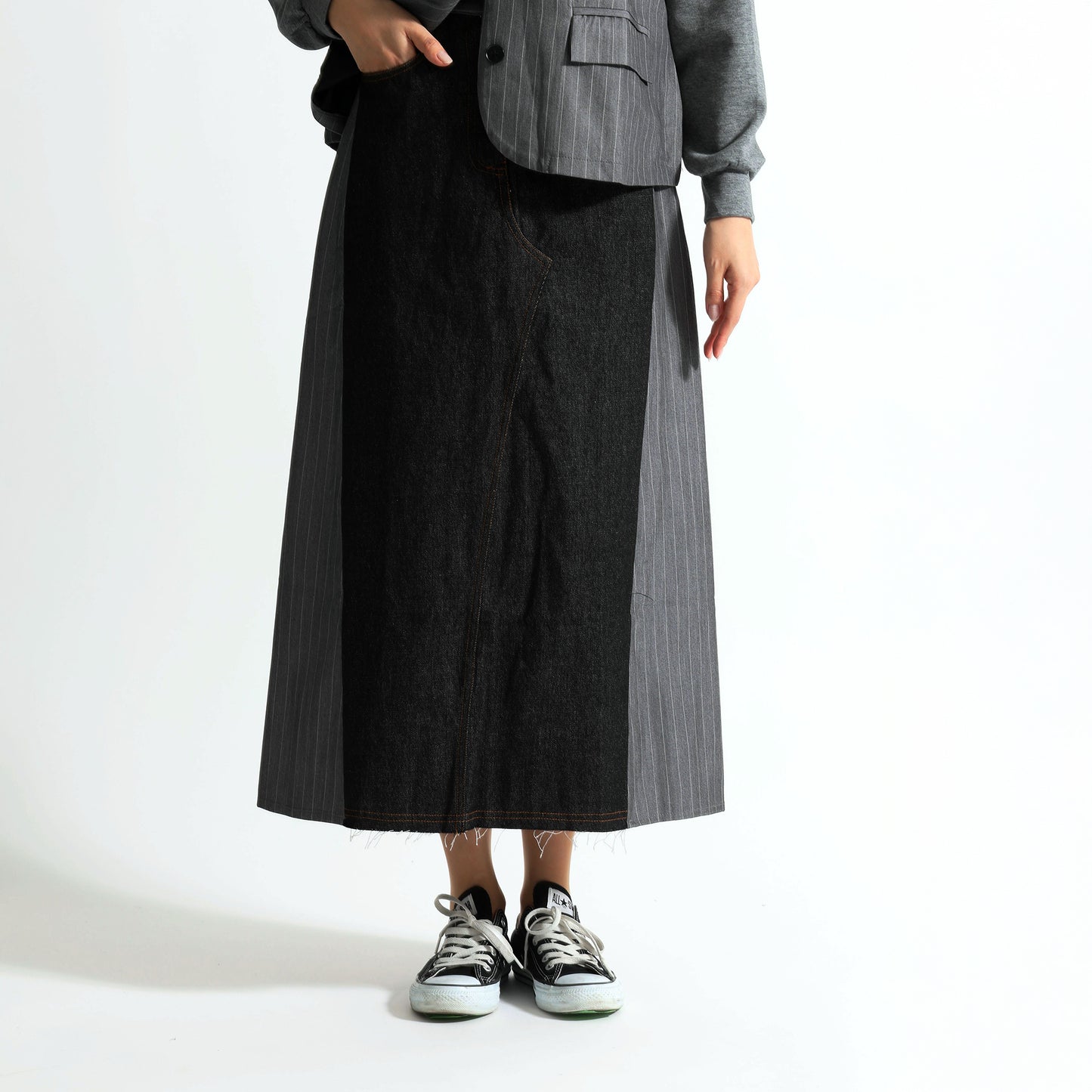 ピンストライプ切り替え 再構築デザイン デニムロングスカート