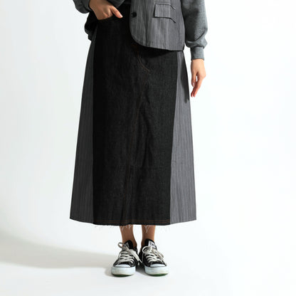 ピンストライプ切り替え 再構築デザイン デニムロングスカート