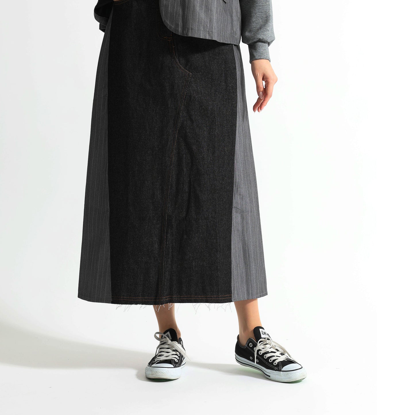 ピンストライプ切り替え 再構築デザイン デニムロングスカート