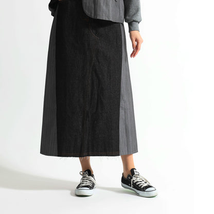 ピンストライプ切り替え 再構築デザイン デニムロングスカート