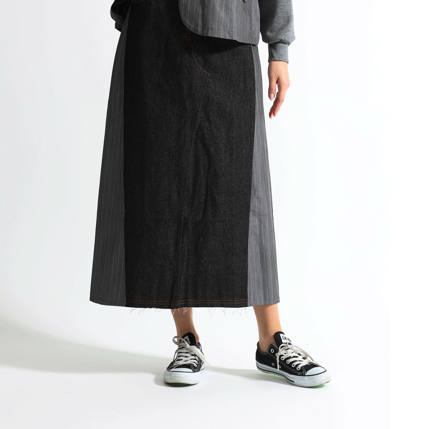 ピンストライプ切り替え 再構築デザイン デニムロングスカート