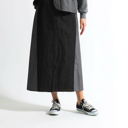 ピンストライプ切り替え 再構築デザイン デニムロングスカート