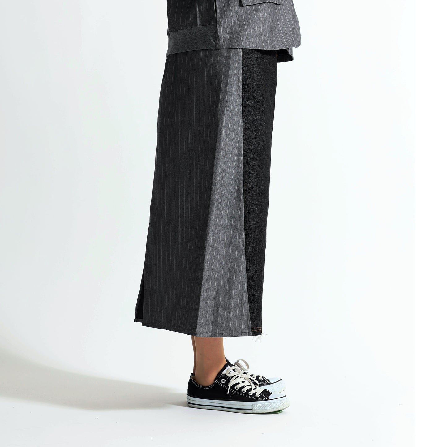 ピンストライプ切り替え 再構築デザイン デニムロングスカート