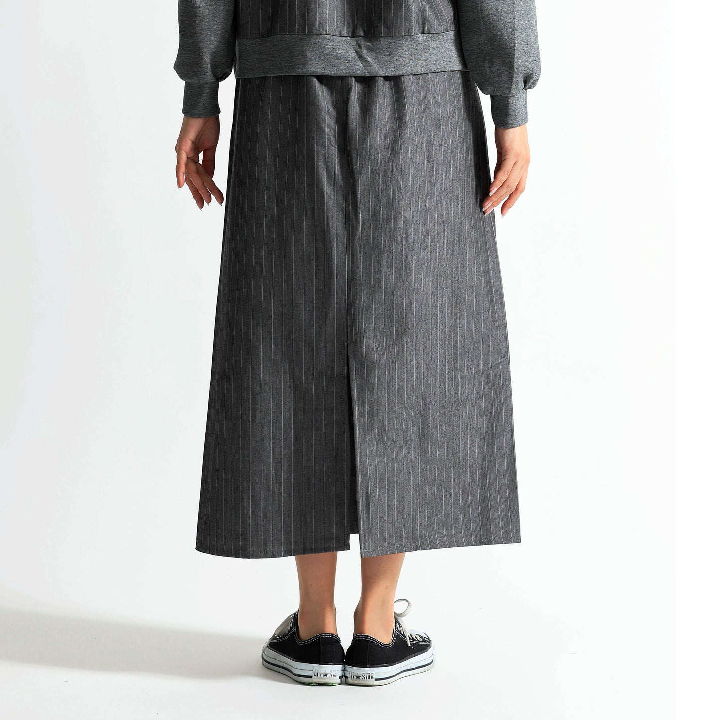 ピンストライプ切り替え 再構築デザイン デニムロングスカート