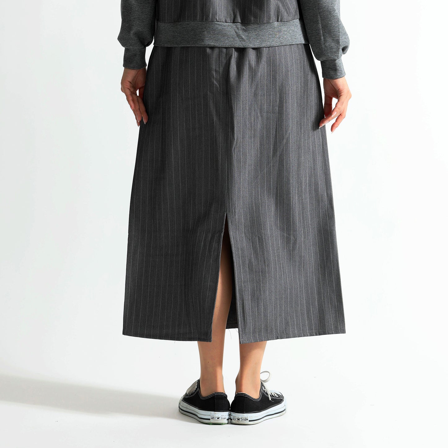 ピンストライプ切り替え 再構築デザイン デニムロングスカート