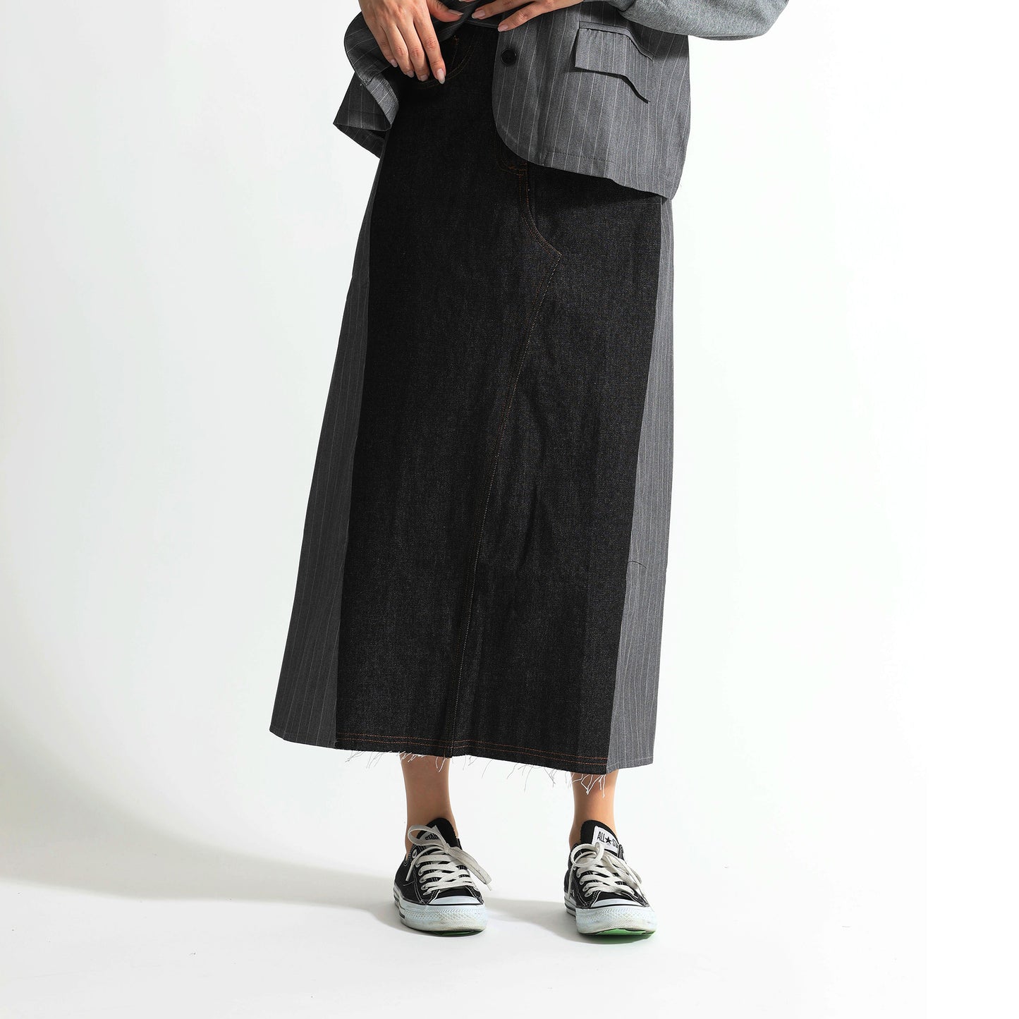 ピンストライプ切り替え 再構築デザイン デニムロングスカート