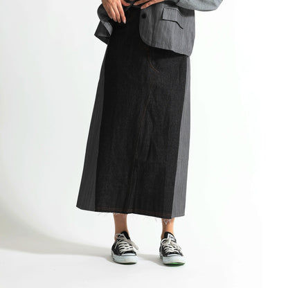ピンストライプ切り替え 再構築デザイン デニムロングスカート