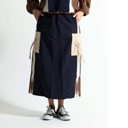 エスニック刺繍 レイヤード ラップデザイン ロングスカート / テック モード系 ワイドボトムス