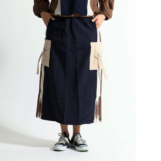 エスニック刺繍 レイヤード ラップデザイン ロングスカート / テック モード系 ワイドボトムス