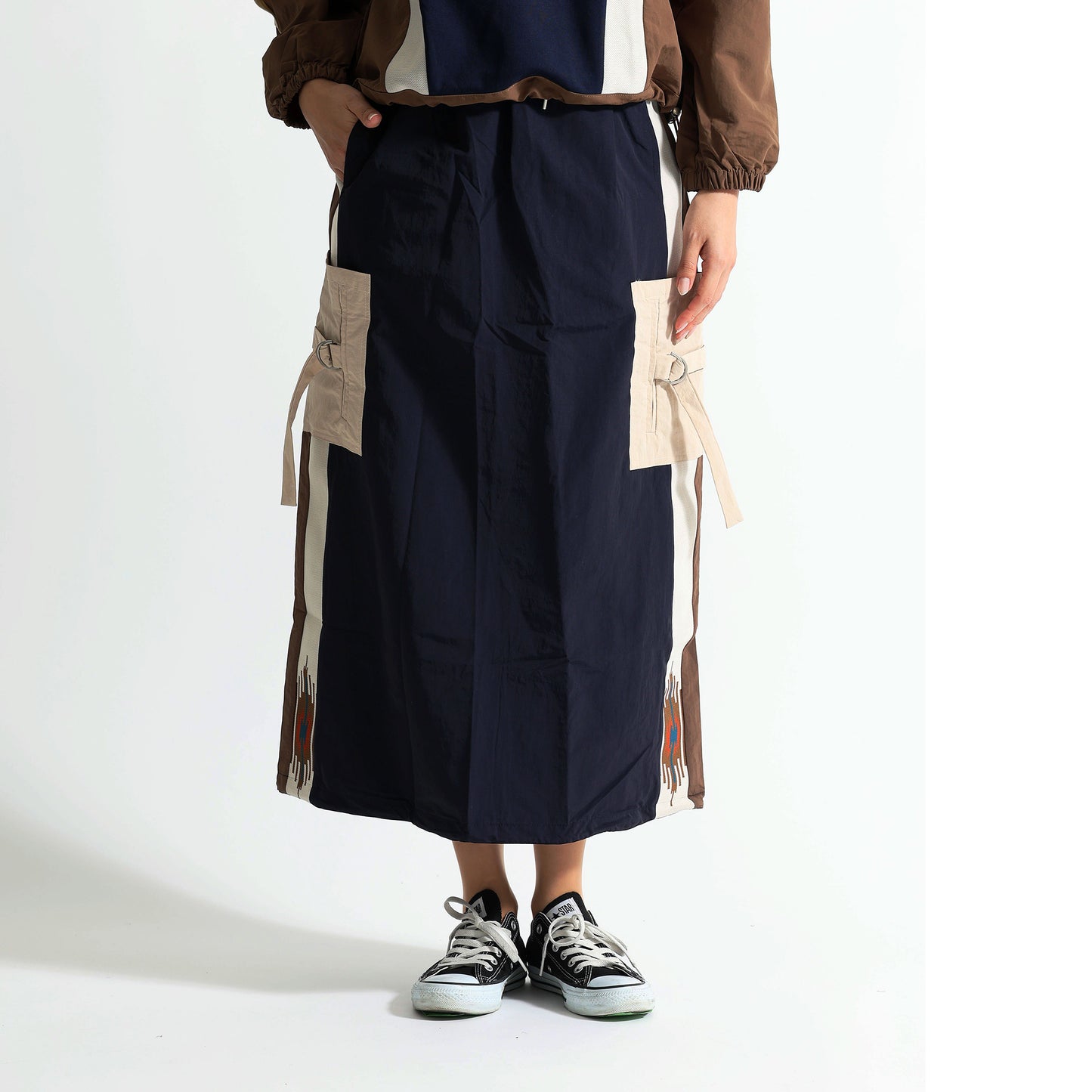 エスニック刺繍 レイヤード ラップデザイン ロングスカート / テック モード系 ワイドボトムス