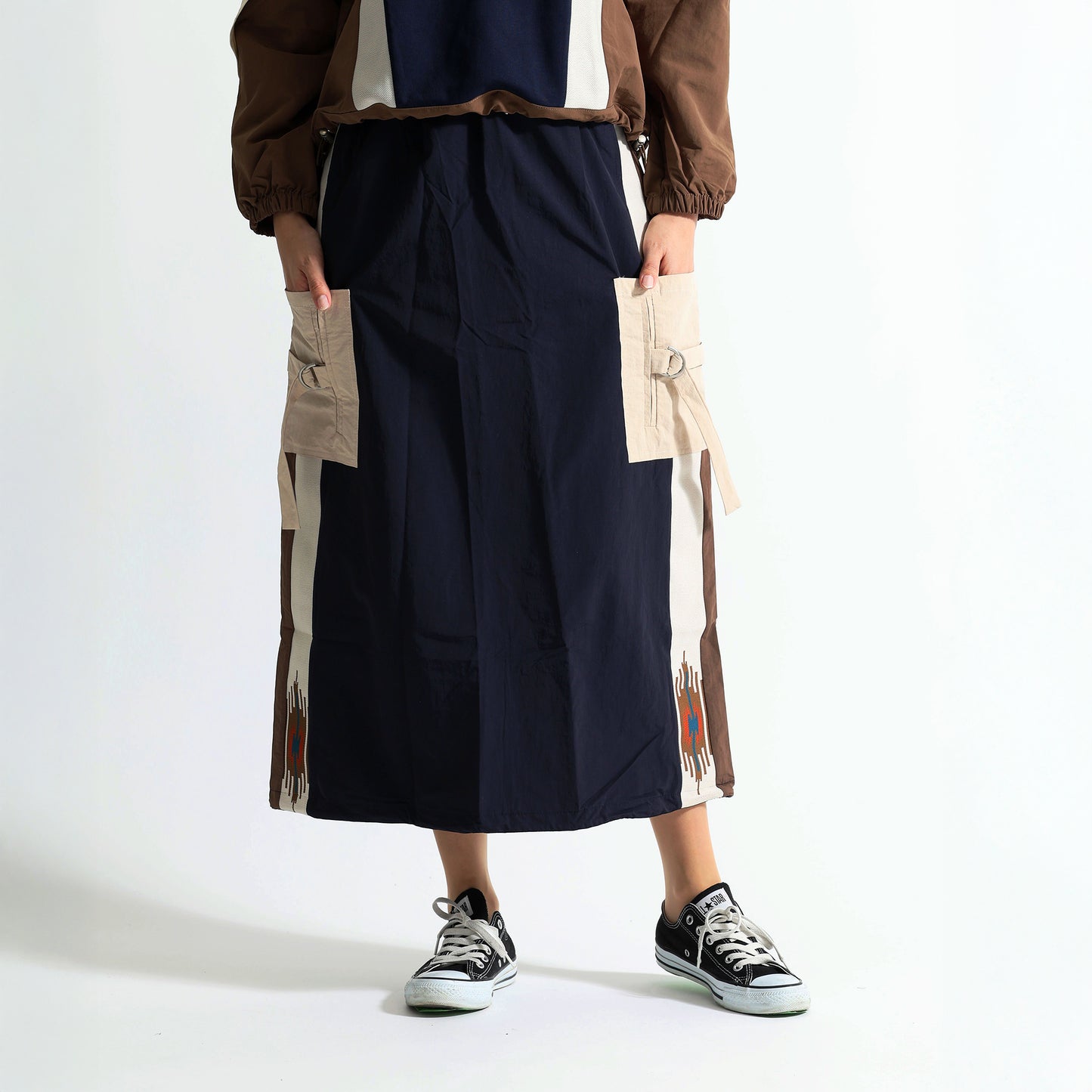 エスニック刺繍 レイヤード ラップデザイン ロングスカート / テック モード系 ワイドボトムス