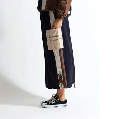 エスニック刺繍 レイヤード ラップデザイン ロングスカート / テック モード系 ワイドボトムス