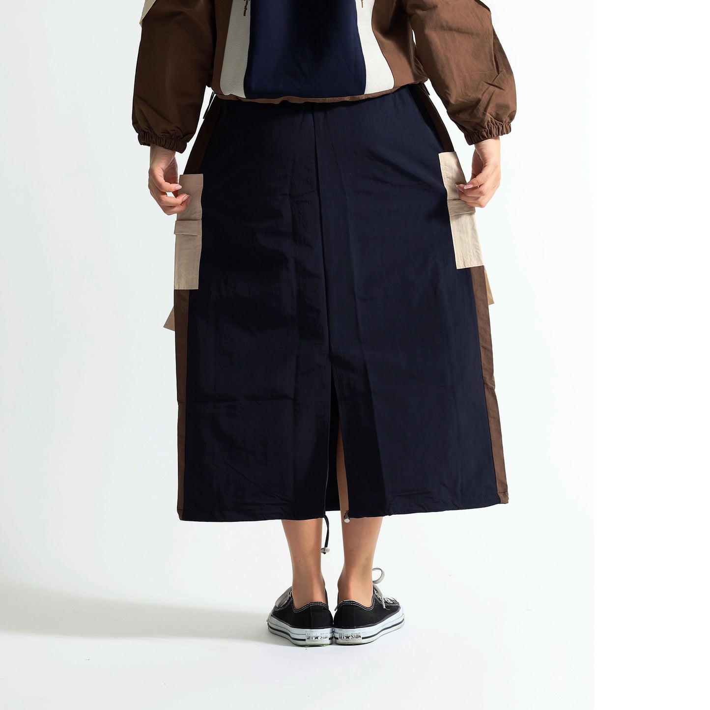 エスニック刺繍 レイヤード ラップデザイン ロングスカート / テック モード系 ワイドボトムス