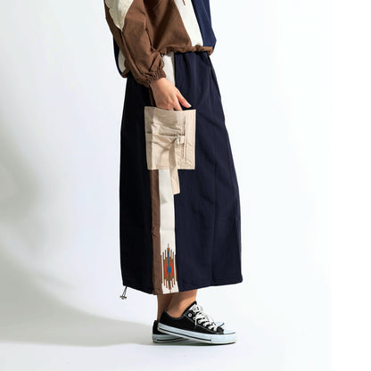 エスニック刺繍 レイヤード ラップデザイン ロングスカート / テック モード系 ワイドボトムス