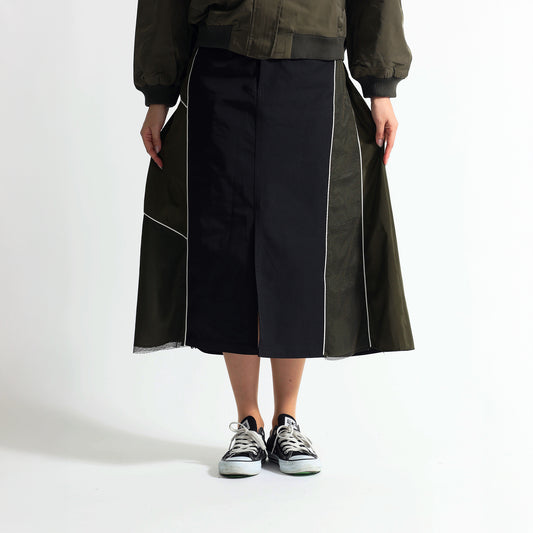 サイドメッシュ切替 パイピングライン 異素材ロングスカート