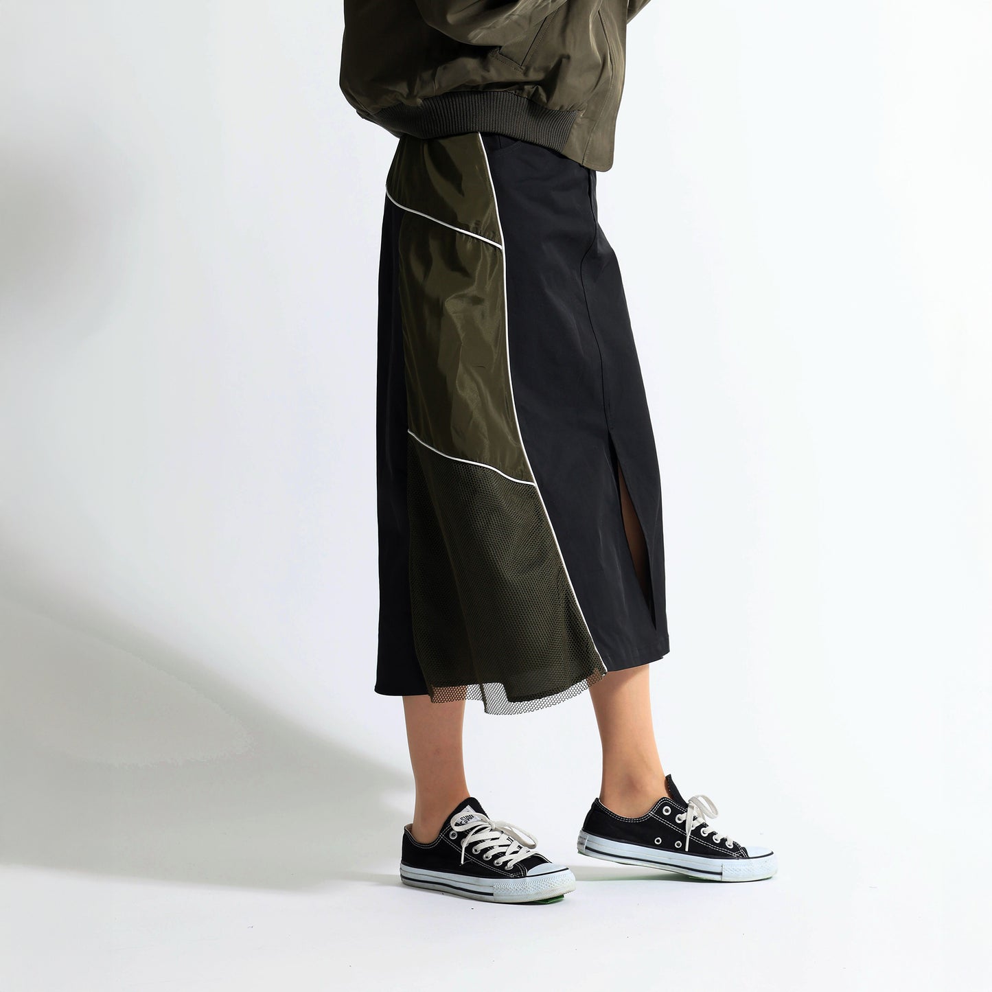 サイドメッシュ切替 パイピングライン 異素材ロングスカート