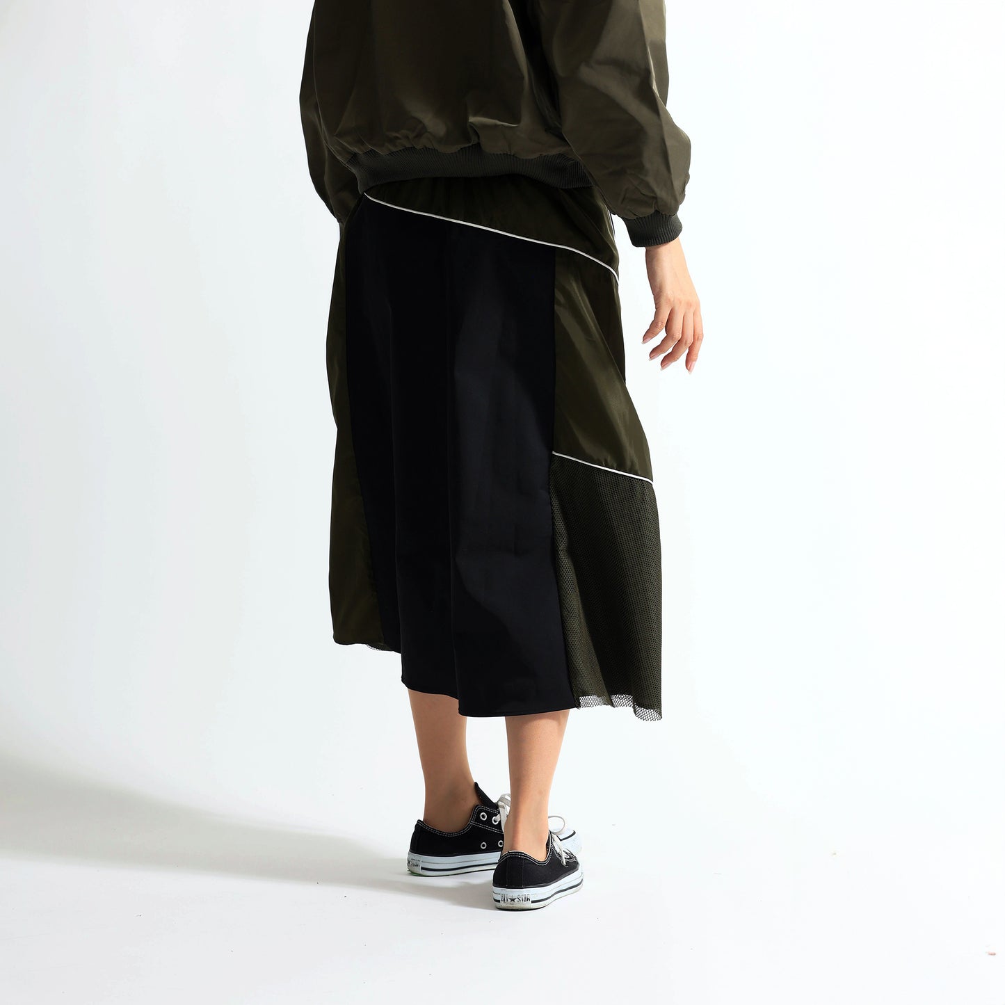 サイドメッシュ切替 パイピングライン 異素材ロングスカート