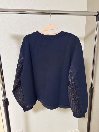 バタフライ刺繍×チェック柄パッチワーク 裾ドロスト デザイントップス（全4色）