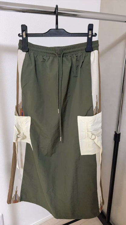 エスニック刺繍 レイヤード ラップデザイン ロングスカート / テック モード系 ワイドボトムス