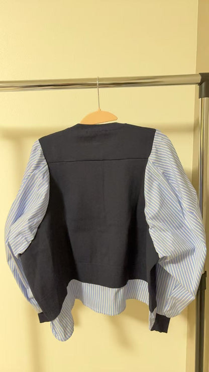 【1枚で完結】ストライプシャツ切替 レイヤード風ニットプルオーバー